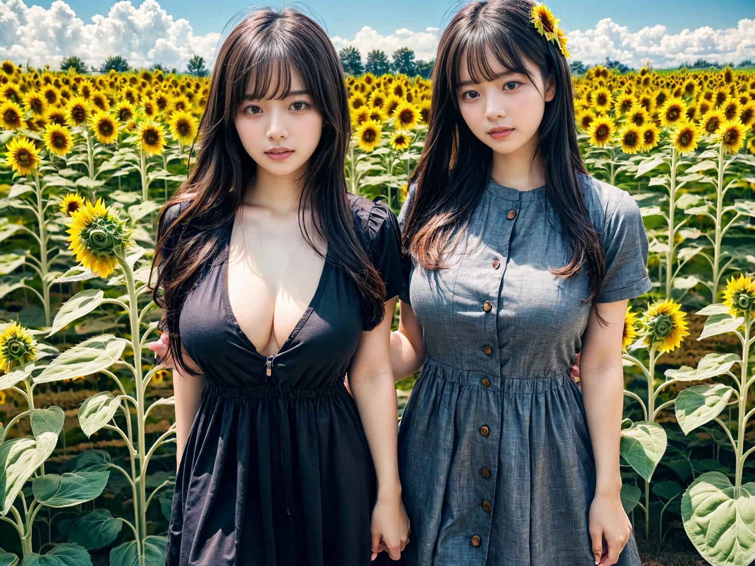 (8K, RAW Photos, Highest quality, masterpiece:1.2), (professional photography, full colors, studio-caliber color grading), (Gravure quality for high-end fashion magazines), close up, (2 girls), BREAK,18 year old girl, (straight hair:1.1), crying a little, Harajuku style, Big Natural Color Lip, (Plumpy body (smooth skin.1 (huge breasts BREAK (((casual dress.3)), BREAK (Sunflower field background)、