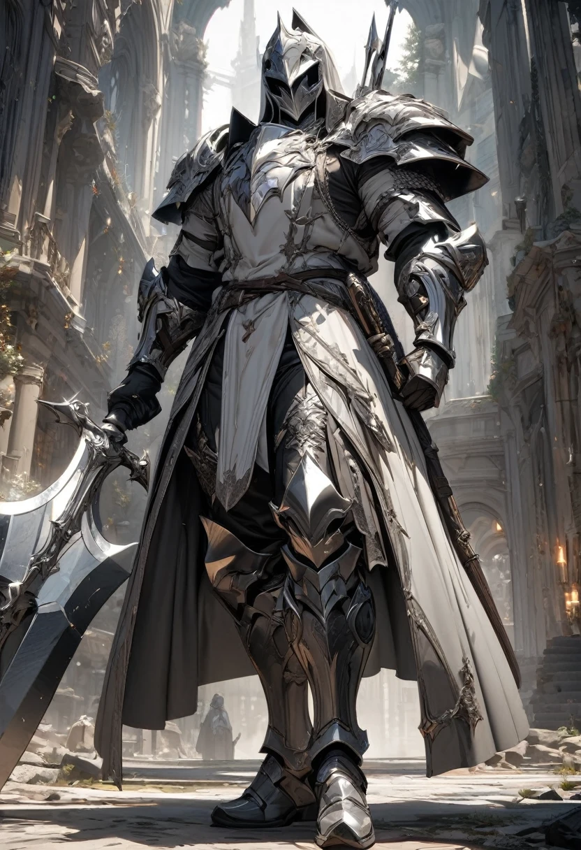 masterpiece, 8k, best quality, highly detailed, a human male knight wearing a large axe made of of black and white metal