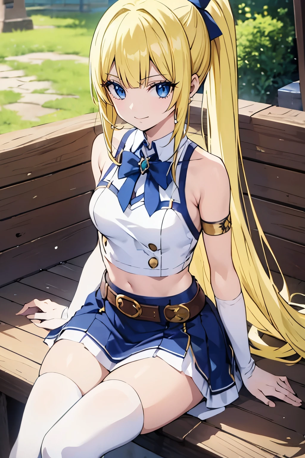 fairy_tail_style, solo, 1 girl, (young female body:1.4), (medium small breasts), golden yellow hair, extra long hair, blunt bangs, crystal blue eyes, very detailed eyes, cowboy shot, detailed eyes, town background, medieval town, fantasy, ponytail, yellow hair, adventuer girl, medieval fantasy, medieval clothes, sitting on a bench, short dark blue crop top, white skirt, belt, stockings, boots, detached sleeves, short sleeves, white long skirt, dark blue top, ribbons, one leg up, bent knee, tigh belt, bow