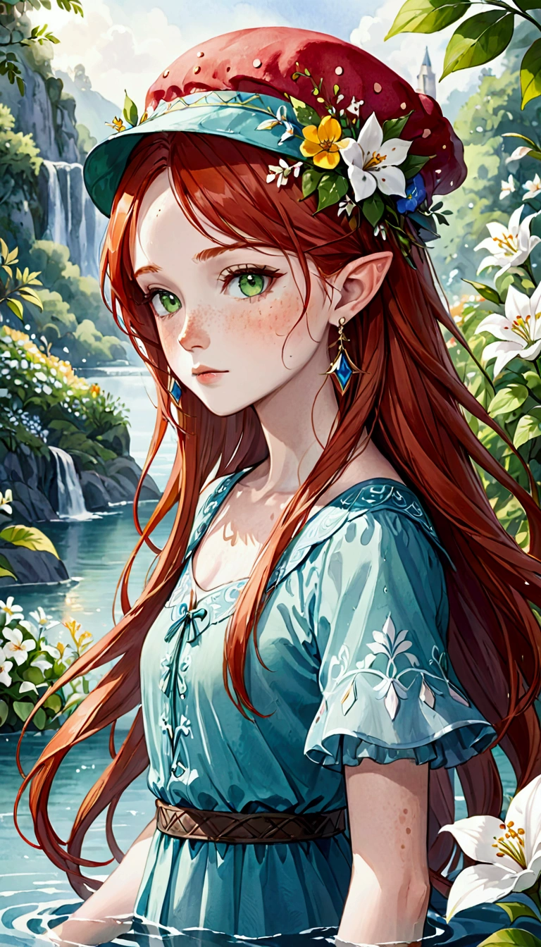 (water colour: 1.2), elf princess, flowers, freckles, bangss, redheadwear, long hair, greeneyes, hair between the eyes, flowers earrings, nblurry background, high resolution  