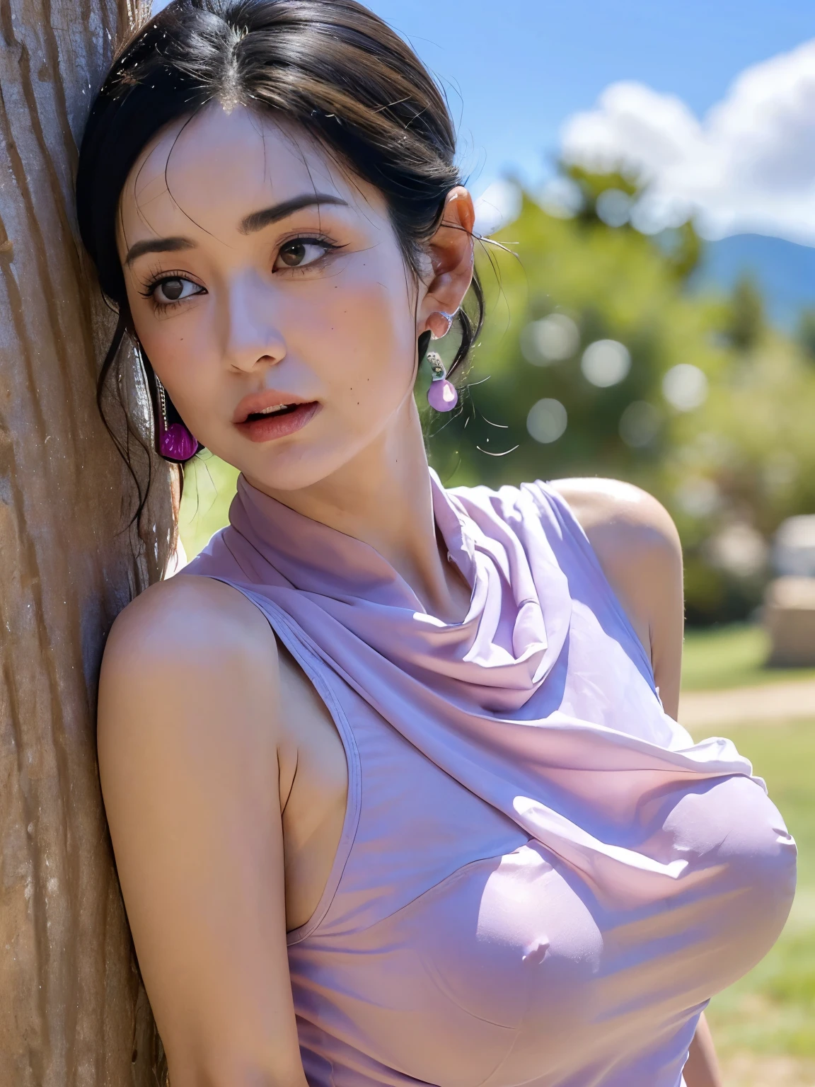 (masterpiece:1.2, best quality:1.2), (1girl), RAW photo, ultra high resolution, professional lightings, cinematic lightings, 8k wallpaper, ultra realistic portrait of chichi, dragonball, older chichi_dbz, Milf, (((ultra realistic mature older face, ultra detailed mature older face, ultra realistic wrinkles on face and eyes, ultra detailed wrinkles on face and eyes))), (sheer, thin, see through, transparent, yellow china dress:1.15, purple scarf), long pants, earrings, bangle, bracelet, boots, detailed face, detailed eyes, highres, detailed skin texture, ultra slim waist, perfect slim body style, black hair, (dango hair:1.25, parted long bangs:1.1), big eyes, double eyelids, ((ultra huge breasts, ultra huge tits, ultra huge boob, ultra huge cleavages)), (grasses, rocks, trees:1.35, mountain view, sky, cloud), fullbody shot, cowboy shot, ((realistic shaved armpits, detailed shaved underarms)), half-smile,