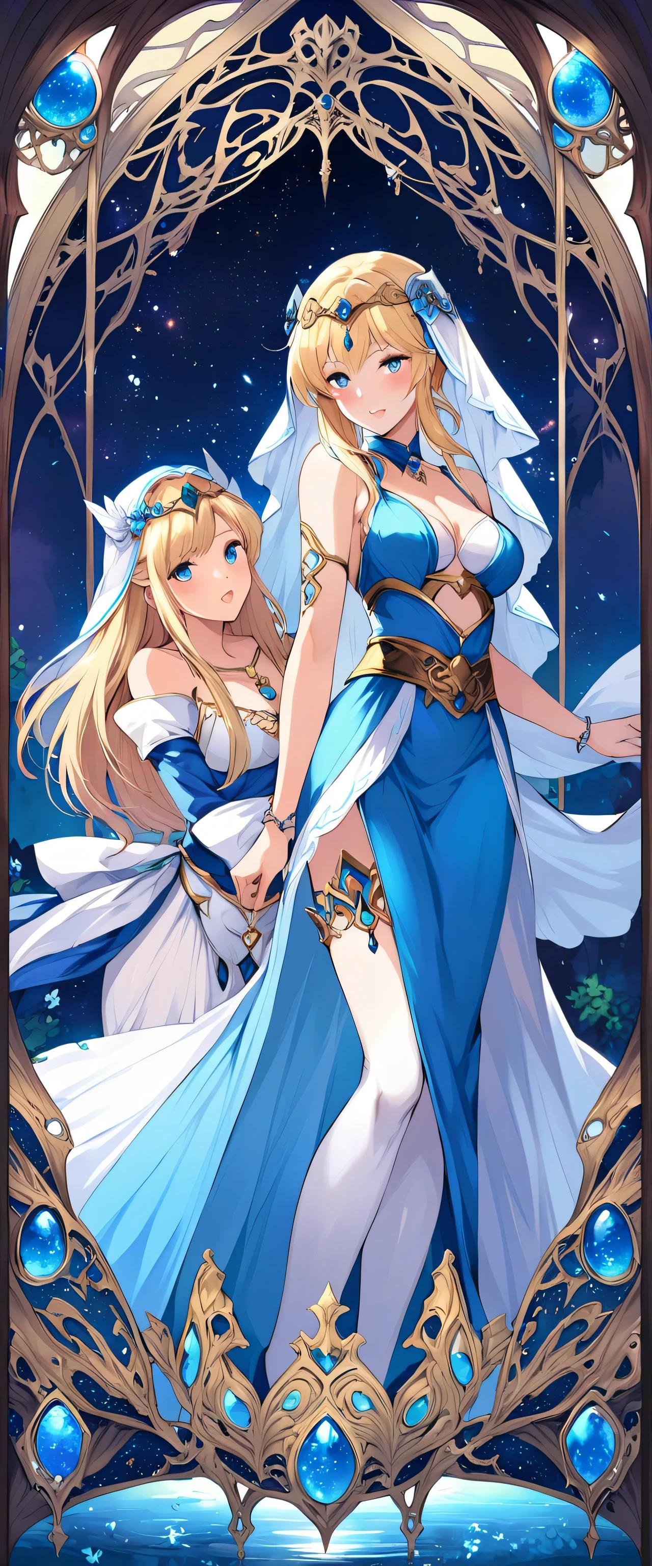 Wearing a blue dress and a veil、Blonde woman with a veil on her head, Beautiful fantasy maiden, Detailed fantasy art, Beautiful fantasy art, Blonde Princess, Art Station pixiv's artgerm, Beautiful maiden, ((Beautiful Fantasy Empress)), 2. 5d cgi anime fantasy artwork, Fantasy art style, Detailed digital anime art, Fantasy Art