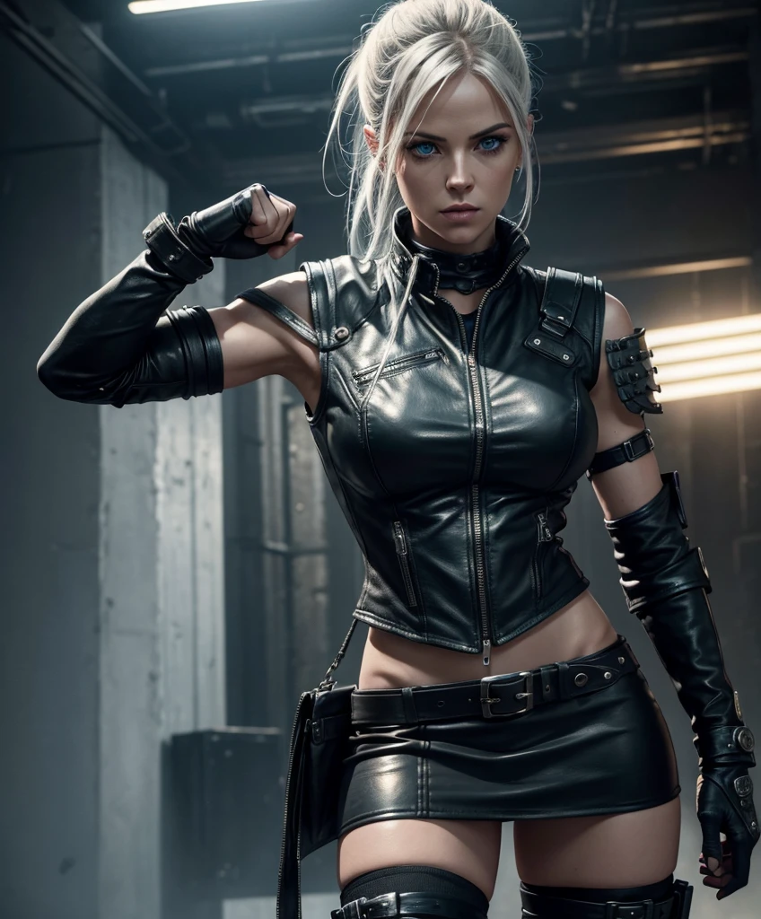 (((Full-length shot))),((full height)),((Best quality)), ((masterpiece)),((full height)), (detailed),muscular build and medium breasts .., wears an open black leather vest.., black leather gloves, a short skirt and heavy boots. She has a punk rock look.Hyper-realistic close-up photo of Rose Wilson DC, blue eyes,(Photorealism: 1.4), Create dystopian masterpieces. Post-apocalyptic world. Pay attention to small details, sharp focus. The palms of the hands are clenched into fists.