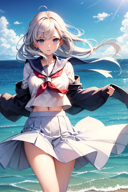 (master_piece, high_quality, beautiful, super delicate, absurdres:1.2), 1girl, mature, , beautiful face, ahoge, hair fluttering in the wind, white hair, blue eye, (sailor suit, long skirt, The wind is blowing, Skirt flipped up, I can see your underwear, skirt that flipped in the wind, skirt billowing, I can see your underwear, wind lift:1.2), port, (clear water, gemstone sea:1.2), Ship in the distance, The trails that planes make, blue sky, Sunshine, street in the distance,