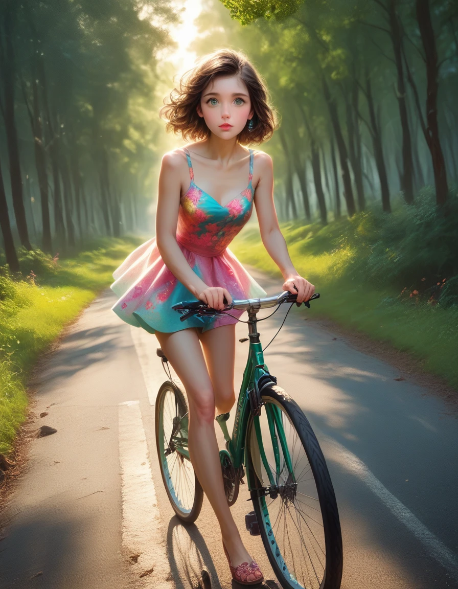 a cute girl cycling, beautiful detailed eyes, beautiful detailed lips, extremely detailed eyes and face, long eyelashes, girl riding bicycle, colorful floral dress, bright sunny day, lush green meadow,delicate,masterpiece, beautiful detailed, finely detailed, intricate details, (realistic:1.2), (almost no light:1.2),(film noise:1.4), 1 man, donlee, (full body),delicate and beautiful CG artwork),(best quality, ultra-detailed, high resolution),(dynamic angle, dynamic lighting), (looking at viewer:1.2) (best quality,4k,8k,highres,masterpiece:1.2),ultra-detailed,(realistic,photorealistic,photo-realistic:1.37),vibrant colors,natural lighting,detailed environment,elegant composition,whimsical,fantasy