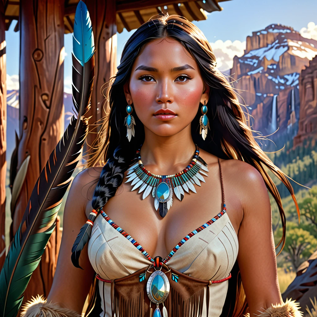  Pocahontas, Beautiful young Native American woman, Perfectly symmetrical face, Indigenous Feather Jewelry, Traditional handmade dresses((Big Breasts,Huge breasts,,Sexy cleavage,pointed chest)), Butt((You can see the crack of the buttocks))Armed Female Hunter Warrior, (((The pioneering days of America）Western Region))) environment, Utah Landscape, Ultra-photorealism, Concept Art, elegant, ((Complex)), ((Very detailed)), Depth of written boundary, ((Professional Color Grading)), Gentle indirect lighting, evening, 8k, Artgerm、Greg Rutkowski、Art by Alphonse Mucha