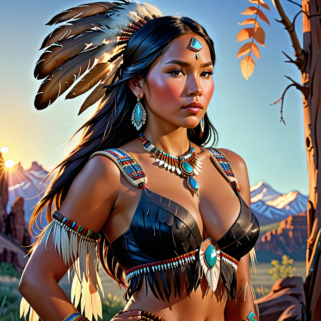  Pocahontas, Beautiful young Native American woman, Perfectly symmetrical face, Indigenous Feather Jewelry, Traditional handmade dresses((Big Breasts,Huge breasts,,Sexy cleavage,pointed chest)), Butt((You can see the crack of the buttocks))Armed Female Hunter Warrior, (((The pioneering days of America）Western Region))) environment, Utah Landscape, Ultra-photorealism, Concept Art, elegant, ((Complex)), ((Very detailed)), Depth of written boundary, ((Professional Color Grading)), Gentle indirect lighting, evening, 8k, Artgerm、Greg Rutkowski、Art by Alphonse Mucha