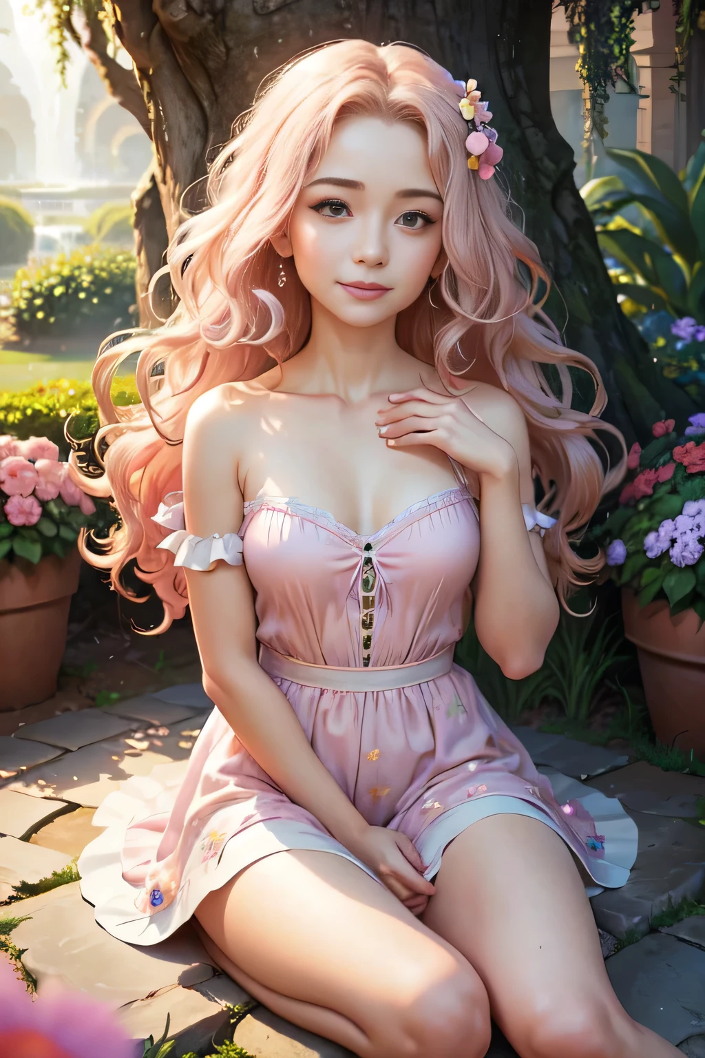 singularity, (best quality, 8k, masterpiece:1.2,),Cutest,Cute girl,Beautiful face,Beautiful eyes,Beautiful hair, Light pink long wavy hair,Lots of colorful flowers,soft sunlight,vivid colors, , shimmering petals,peaceful garden cosmic,flying butterflies cosmic,lovely dress,innocent smile,sitting down, blissful atmosphere,serene background,dreamy ambiance,lively atmosphere,sparkling dewdrops, expression,captivating charm,magical garden,pastel hues,gentle breeze,dainty features,delicate petals,endearing beauty,enchanted scenery.