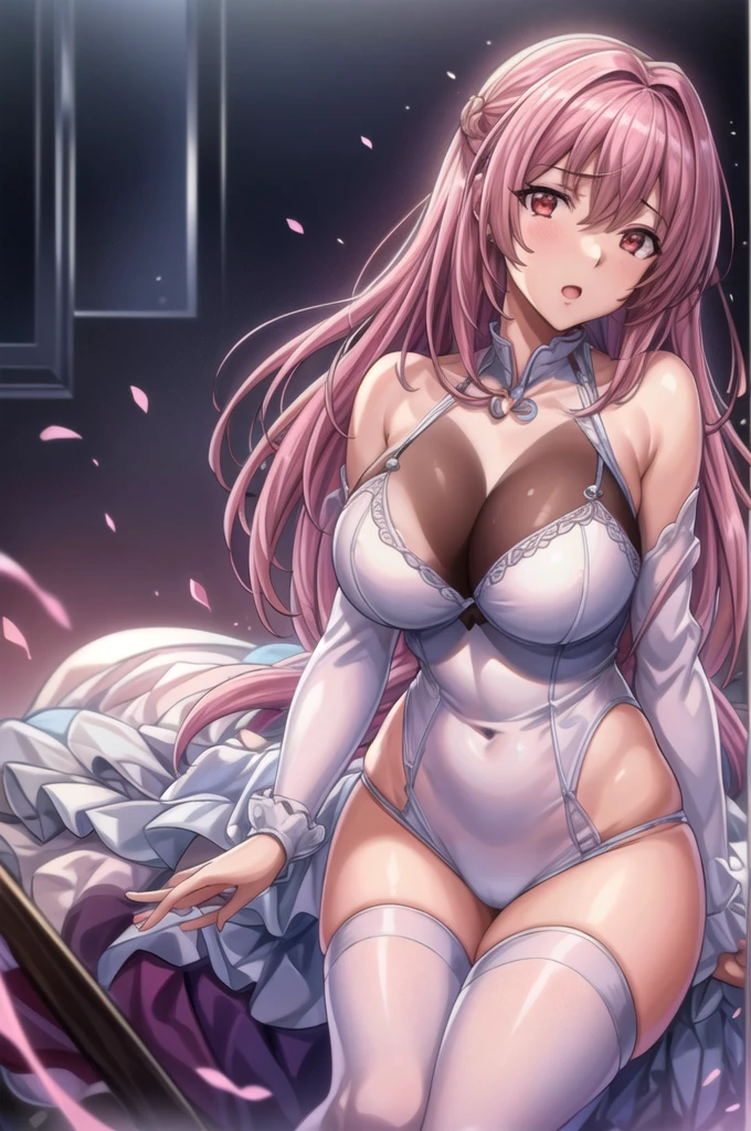 Mature Woman, (Mature Woman:1.3) forever, shut up, Looking at the audience,pink hair,red eye,黄colorいリボン,length_hair, Slim and sexy figure, whole body,the bestquality, (8k), (4K),(masterpiece), (the bestquality), Very detailed, Game CG, Wheel within wheel, Super detailed, figure, Beautiful body,Beautiful Nose,fair角color設計, 完美的eye, 完美face蛋, 1 girl, Open your mouth, face红,1 girl, 20 years,young woman,fair Finger,fair length legs,fair body, fair Nose,fair character design, perfect eye, perfect face,expressive eye,Perfect balance, Looking at the audience,(Focus on her face),shut up, (Innocent_大きなeye標_eye:1.0),(Light_笑face:0.3), Official Art,Very detailed CG Unity 8k wallpaper, Perfect lighting,rich and colorful, bright_front_face_Lighting,White skin, (masterpiece:1.0),(the best_quality:1.0), Ultra-High resolution,4K,Super detailed, photograph, 8k, High resolution, High resolution, Absurd:1.2, Kodak Portrait 400, Film Grain, Blurred Background, Bokeh:1.2, 鏡頭Light暈, (full of energy_color:1.2),专业photograph师, (fair,大きなeye標_chest:1.4), (fair_face:1.5),(narrow_Waist), White underwear,White lace, White bra, White underwear, White Lingerie, (Intense orgasm, Love juice flowing from the crotch),