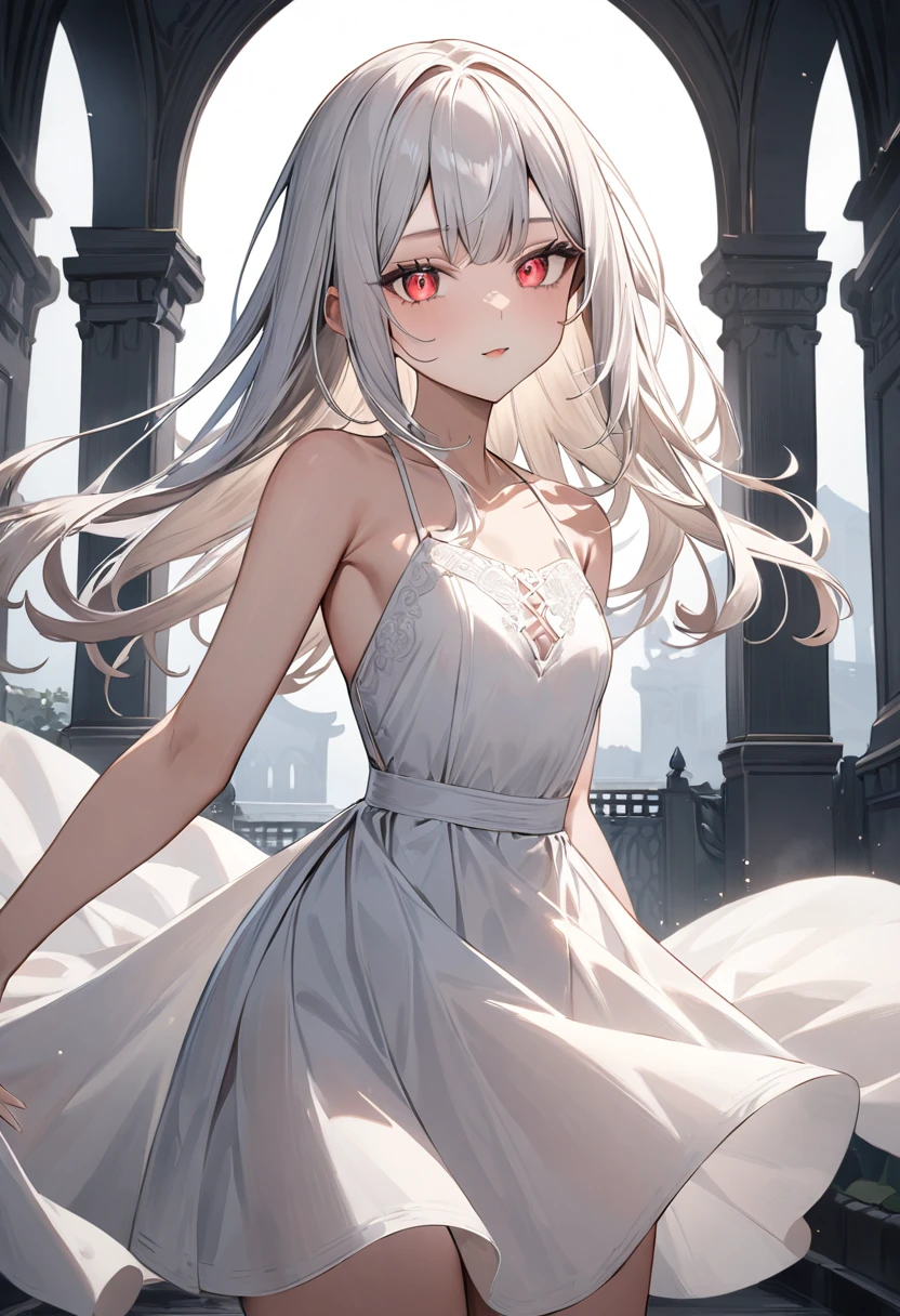 (masterpiece, top quality, very aesthetic, 4k、illustration), intricate detail, 1woman,、solo,contrapposto 、Strong glowing eyes、,(cowboy shot)、、(),beautiful face、from side、clear face、straight hair、(red to white gradient hair)、,middle hair,sidelock ,レッド　eyes、white Summer Dresses、small breasts、Slim 、dim