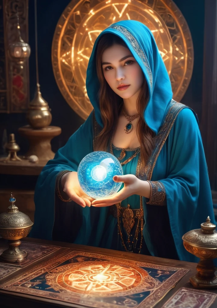 Overall body orientation: frontal. Female fortune teller. Charming, beautiful and mysterious. She wears a blue cloak over her head and has a clear face. The background is bright and glittering. The atmosphere is full of anxiety and anticipation. The fortuneteller is standing. He holds a crystal ball in each hand. The lighting in the room is bright, creating a fantastic atmosphere. Top image quality, 4K or 8K resolution. The level of detail is very fine and photorealistic. Artistic style should reflect the aesthetic of the formula with bright colors and strong contrasts. The color palette should emphasize the mysterious and mystical theme of the piece. The fortune teller's cloak is decorated with metal trim and intricate designs, with a thickness ratio of 1.5 The overall mood is stellar and fantastical. The fortune teller's expression should evoke mystical interest. There is no one there but the fortune teller.
