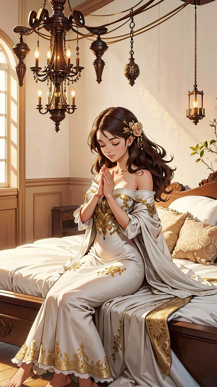 A stunning illustration of a young woman with long, cascading brown hair, sitting gracefully on an ornate bed decorated with floral wallpaper. The bed is covered in luxurious fabrics and has an elegant chandelier hanging above. The woman, dressed in an immaculate gown, clasps her hands together in a prayerful gesture, her eyes closed in devotion. The room exudes an antique charm, with its vintage furnishings and rich, inviting colors, creating a sense of timeless elegance and comfort.