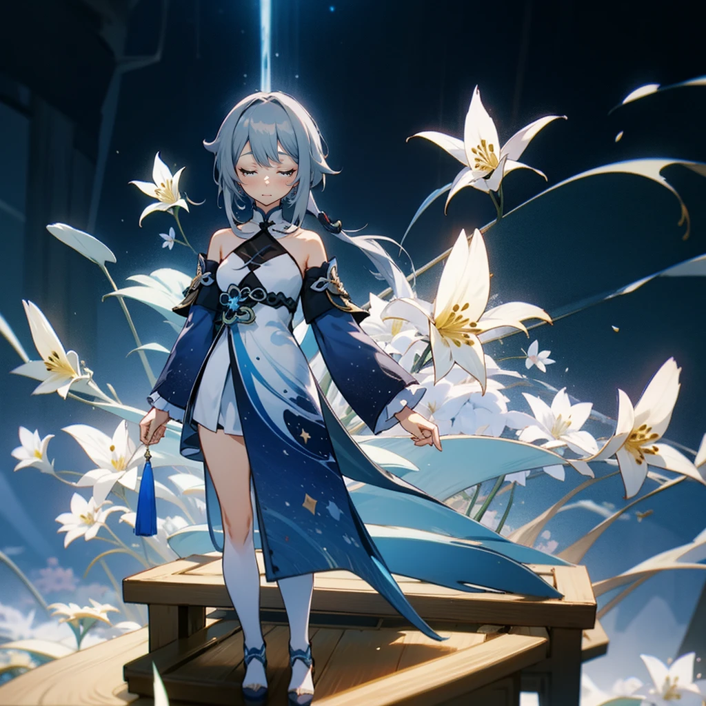 Masterpiece,best quality,4k,1girl,[((solo)),closed eyes, guizhong_\(genshin_impact\),(grey hair),short_hair_with_long_locks in front and low ponytail in back,gradient_hair,starry_sky_print,detached_sleeves white outside blue starry inside, hands completely hidden by long sleeves,stunning field of softly glowing cerulean and white glaze lilies,night scene,gentle smile
BREAK 
guizhong_genshin is a serene and mysterious woman, dressed in fluid clothes that seem to merge with the stardust around them. She is standing on a raised platform over the shimmering pool, with eyes closed in meditation,alone. Short skirt