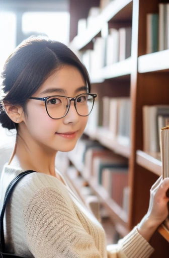 (8k, RAW photo, best quality, masterpiece), (photo realistic), outstanding details, ultra-high resolution, anatomically correct, textured skin, (Extremely precise and accurate anatomy),
Ultra Detailed Face, Detailed Eyes, 

A cute 35 year old Japanese girl,  (Carrying a few books in the library), 

(looking at viewer:1.4), 
(light smile:0.3),  (Mouth slightly open:0.1),
(chignon:1.4), low chignon, (Small cute nose:1.2) , (small cute mouth:1.2), 
(Ultra Detailed Rimless small glasses),  pupils sparkling,  thin lips, thin eyebrows, 
dark brown hair, Forehead, 

Earrings, 
(white simple summer sweater),
Necklace, ID tag, 
(simple cotton flared skirt , Light brown and  long length skirt), 

(background Spacious library interior, many bookshelves), 
(backlighting), 
reflection light from below, 
atmospheric perspective, depth of field, 
(dramatic lighting), cinematic lighting, 