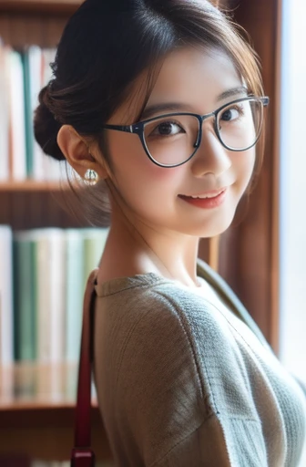 (8k, RAW photo, best quality, masterpiece), (photo realistic), outstanding details, ultra-high resolution, anatomically correct, textured skin, (Extremely precise and accurate anatomy),
Ultra Detailed Face, Detailed Eyes, 

A cute 35 year old Japanese girl,  (Carrying a few books in the library), 

(looking at viewer:1.4), 
(light smile:0.3),  (Mouth slightly open:0.1),
(chignon:1.4), low chignon, (Small cute nose:1.2) , (small cute mouth:1.2), 
(Ultra Detailed Rimless small glasses),  pupils sparkling,  thin lips, thin eyebrows, 
dark brown hair, Forehead, 

Earrings, 
(white simple summer sweater),
Necklace, ID tag, 
(simple cotton flared skirt , Light brown and  long length skirt), 

(background Spacious library interior, many bookshelves), 
(backlighting), 
reflection light from below, 
atmospheric perspective, depth of field, 
(dramatic lighting), cinematic lighting, 