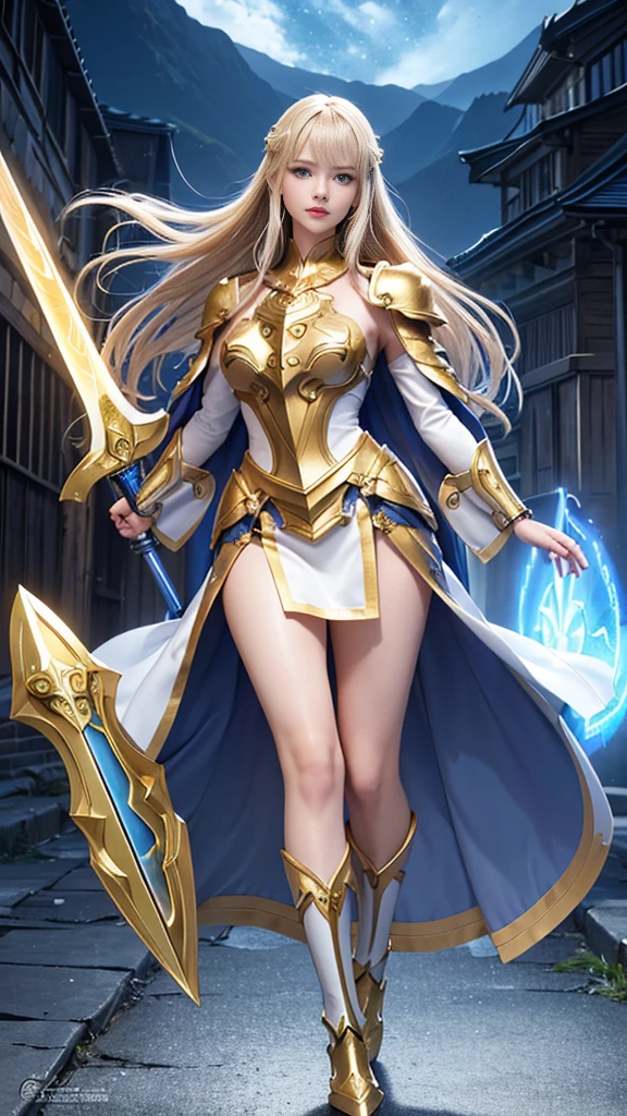Super Detail, High Detail, high quality, best quality, High resolution，a robot valkyrie，Beautiful female robot,beautiful clear face(Rain waves_haneame：1.5)，Mechanical body(Smooth metal surface，Heavy armor，Mechanical seams of skin，beautiful body curves)，Valkyrie Armor(Mechanical Technology，Highlight  contour)，beautiful body curves，Holding a silver sword in hand，handsome pose