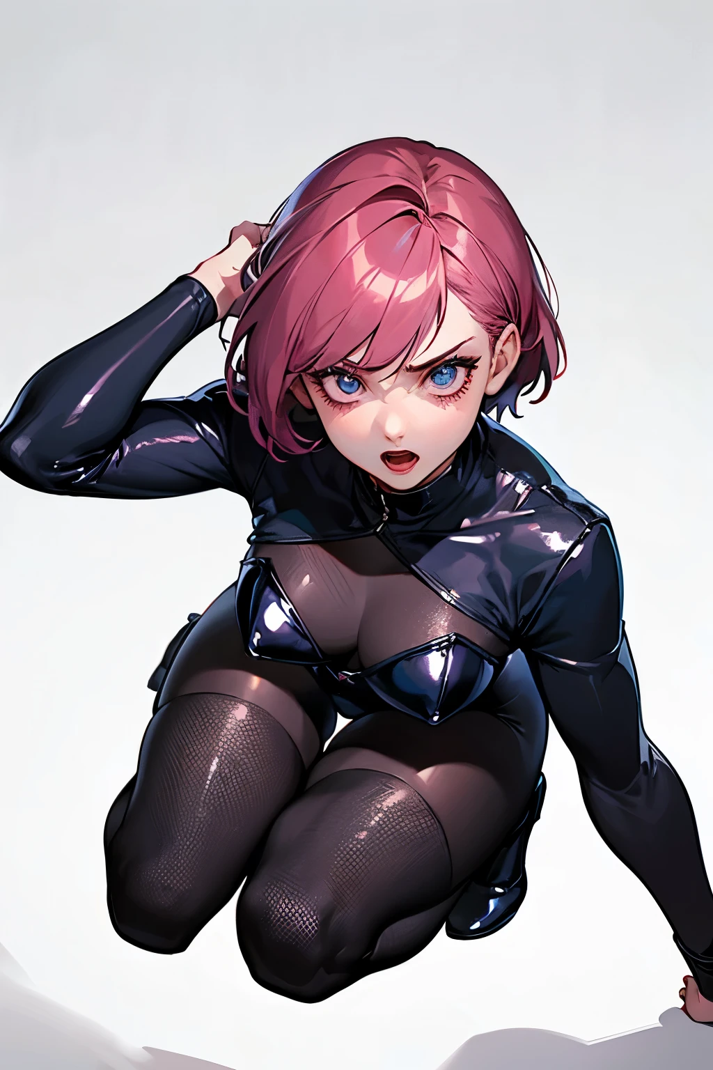 (highest quality:1.2), a 20-years-old girl is kneeling, trembling with rage, front view, looking down the floor, put both hands on her head,  a photorealistic cute fighter, beautiful face, European face like a doll, heavily make-up face, noble face, open mouth to help, large eyes with heavy dark eyshadow, dark blue eyeline, bloody-red lip, angry face with hostility to her master,, Short-cut pink hair, upper body portrait above knees, wearing long sleeve  leotard,tight-fitting and extra shiny black leotard, wearing fishnet bodysuits, wearing red belt