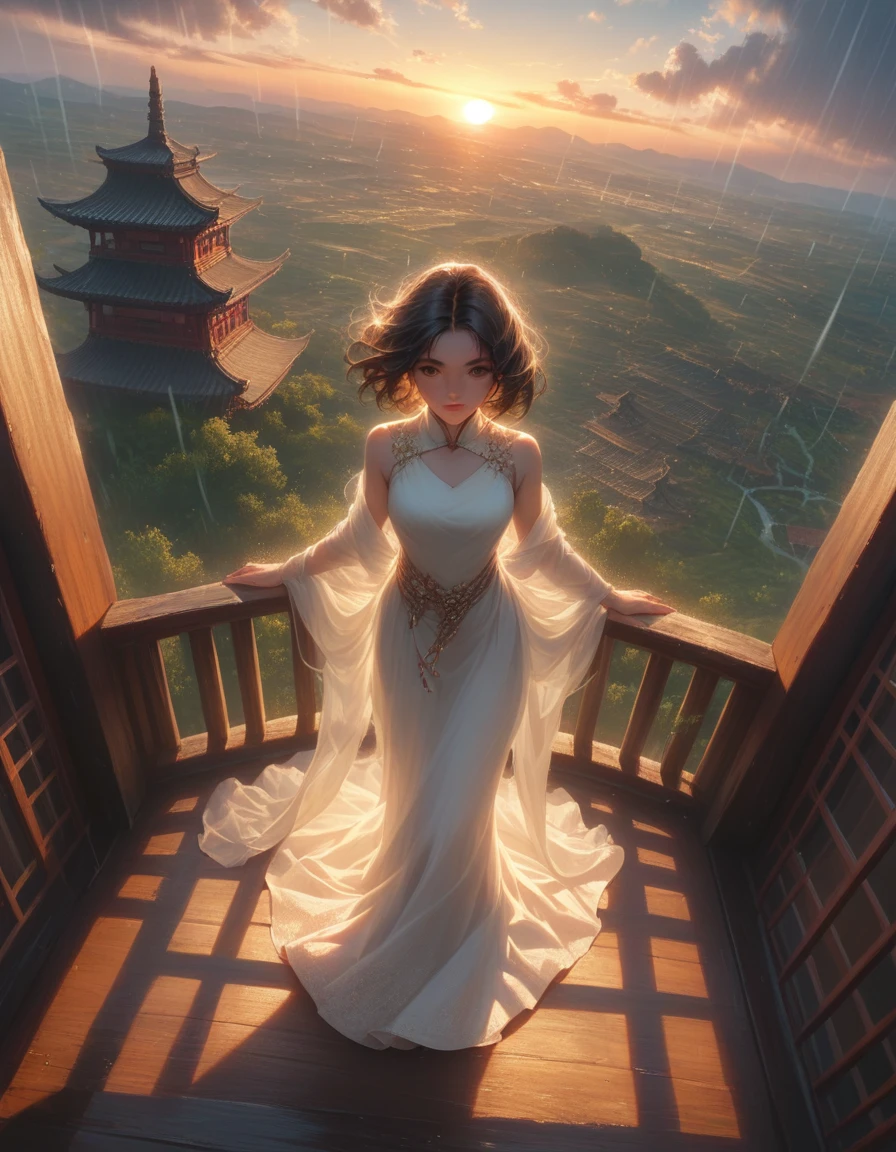 SFW, 1girl, solo focus, pov, very wide shot, landscape, east asian architecture, sunlight, sunrise, floating, cloud, sky, rain, water, full body, outdoors, scenery, depth of field, delicate,masterpiece, beautiful detailed, finely detailed, intricate details, (realistic:1.2), (almost no light:1.2),(film noise:1.4), 1 man, donlee, (full body),delicate and beautiful CG artwork),(best quality, ultra-detailed, high resolution),(dynamic angle, dynamic lighting), (looking at viewer:1.2)delicate and beautiful CG artwork),(best quality, ultra-detailed, high resolution),(dynamic angle, dynamic lighting),