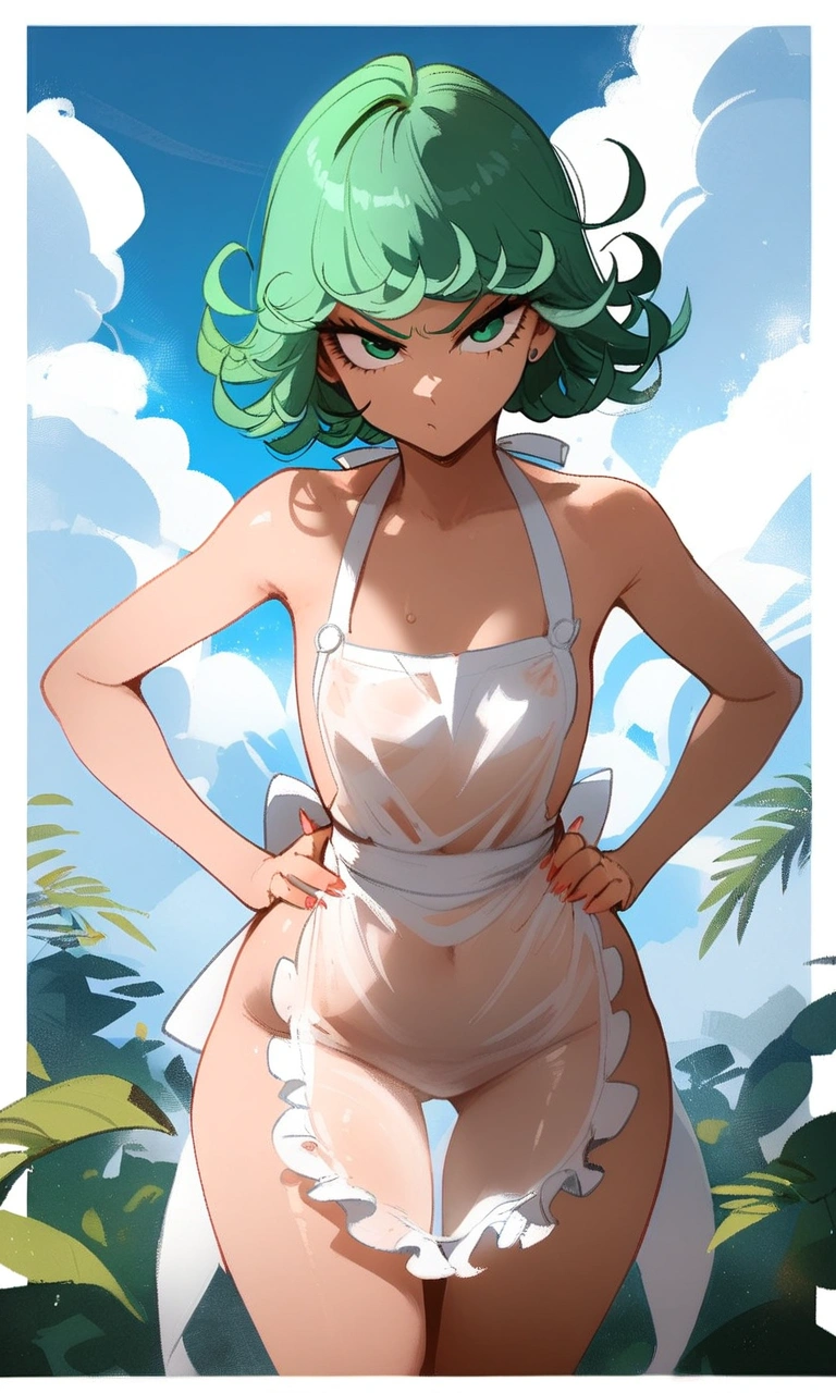 1girl, tatsumaki, one-punch man
\\\\\ masterpiece, best quality, newest ///// nyantcha, khyle, cutesexyrobutts \\\\\ thin waist, solo, sky, clouds, cropped legs, angry, day, looking at viewer, dutch angle, naked apron,, meadow