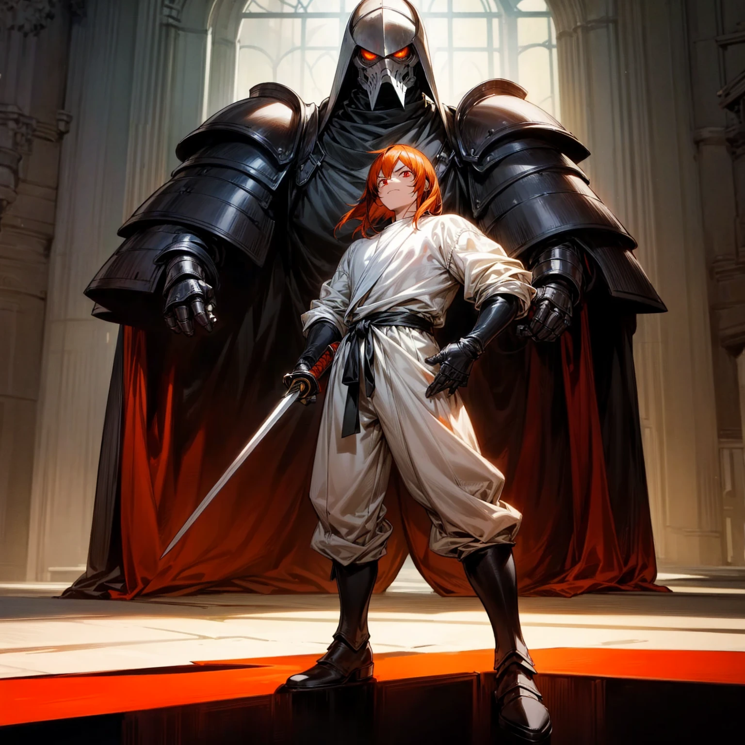 Solo character, full body version, tall height, old man, muscle, Red eyes, orange half black color hair, long haircut, White shirt, long pants, boots, heavy armor, soldier knight, indoor, Castle, (Bleach style art), standing gesture, angry eyes, sword in hand