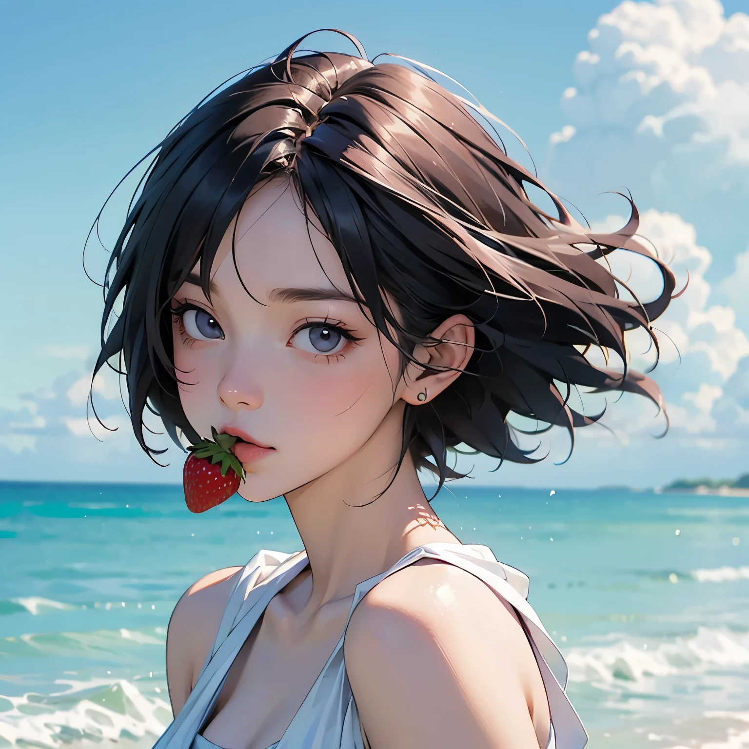 Summer seaside scene photo、One girl, alone、(I bring a red strawberry to my mouth and kiss it:1.4)、17 years old、Beautiful Face、Short Hair、Blowing in the Wind、Wearing a white sleeveless mini dress、Frolic with the waves、Blue sky and white clouds、Beautiful sea、Photorealism、Detailed Description、Artistic photography、(Highest quality, masterpiece, High resolution)、4K、wallpaper、