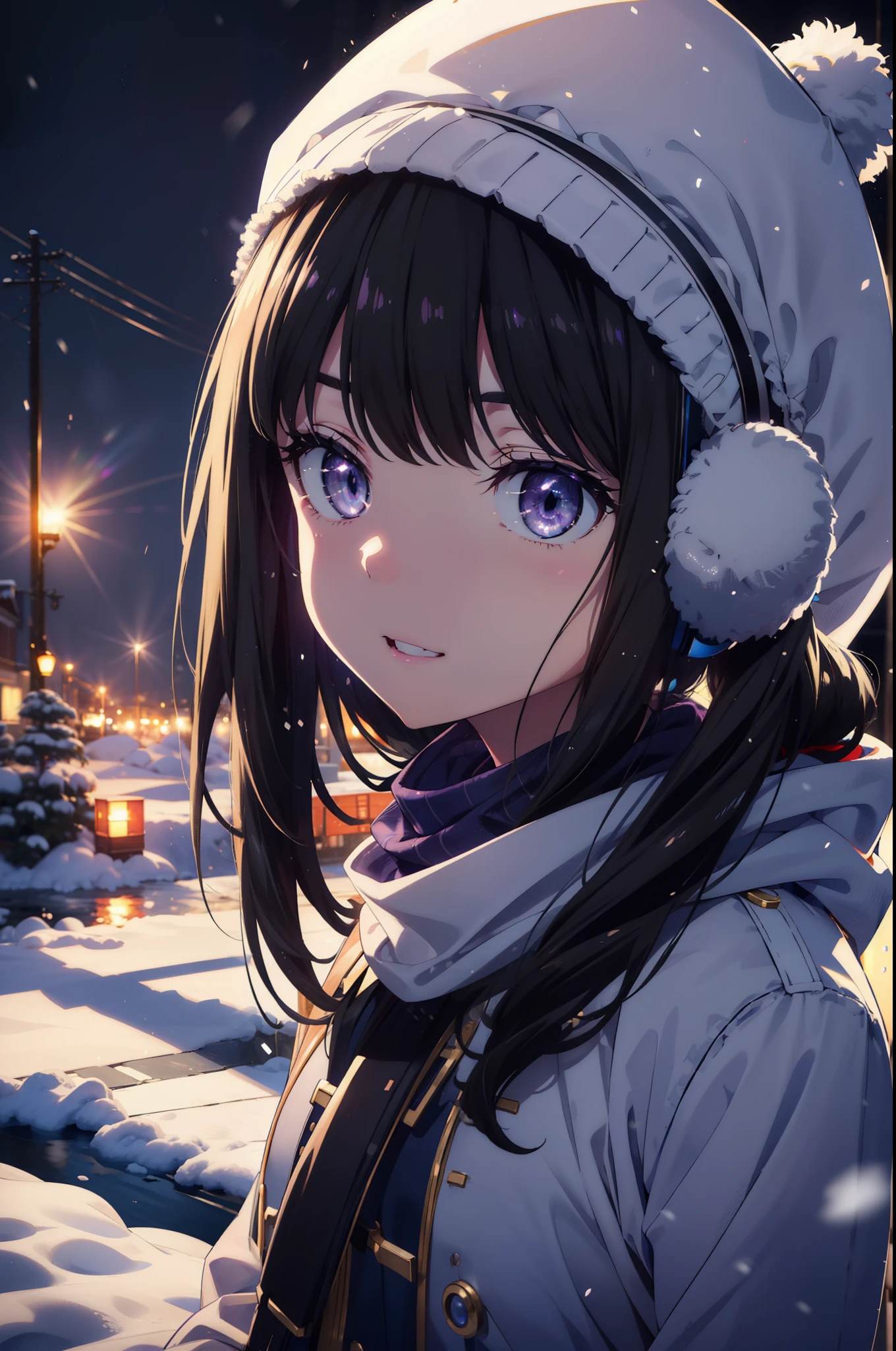 Takiuchikami,Long Hair, bangs, Black Hair, (Purple eyes:1.2),happy smile, smile, Open your mouth,White knit hat,Earmuffs,Blue oversized coat,White scarf,Put your hands in your coat pockets,Long skirt,Black pantyhose,short boots,snowが積もっている,snowが降っている,winter,Cold Sky,night,moonlight,snow,snow,snow,snow,whole bodyがイラストに入るように,Walking,
break looking at viewer, whole body,
break outdoors, city,construction area,
break (masterpiece:1.2), highest qualそれy, High resolution, unそれy 8k wallpaper, (shape:0.8), (Beautiful and beautiful eyes:1.6), Highly detailed face, Perfect lighting, Extremely detailed CG, (Perfect hands, Perfect Anatomy),