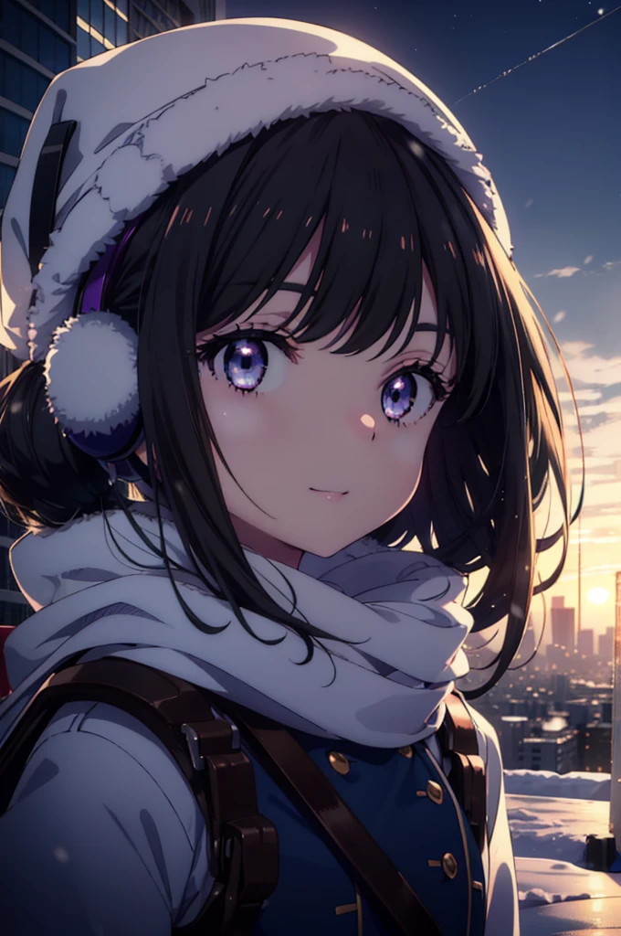 Takiuchikami,Long Hair, bangs, Black Hair, (Purple eyes:1.2),happy smile, smile, Open your mouth,White knit hat,Earmuffs,Blue oversized coat,White scarf,Put your hands in your coat pockets,Long skirt,Black pantyhose,short boots,snowが積もっている,snowが降っている,winter,Cold Sky,night,moonlight,snow,snow,snow,snow,whole bodyがイラストに入るように,Walking,
break looking at viewer, whole body, 
break outdoors, city,construction area,
break (masterpiece:1.2), highest qualそれy, High resolution, unそれy 8k wallpaper, (shape:0.8), (Beautiful and beautiful eyes:1.6), Highly detailed face, Perfect lighting, Extremely detailed CG, (Perfect hands, Perfect Anatomy),