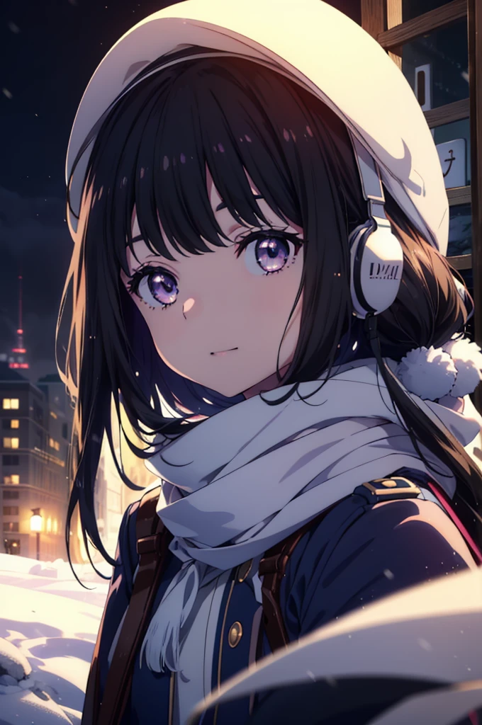Takiuchikami,Long Hair, bangs, Black Hair, (Purple eyes:1.2),happy smile, smile, Open your mouth,White knit hat,Earmuffs,Blue oversized coat,White scarf,Put your hands in your coat pockets,Long skirt,Black pantyhose,short boots,snowが積もっている,snowが降っている,winter,Cold Sky,night,moonlight,snow,snow,snow,snow,whole bodyがイラストに入るように,Walking,
break looking at viewer, whole body,
break outdoors, city,construction area,
break (masterpiece:1.2), highest qualそれy, High resolution, unそれy 8k wallpaper, (shape:0.8), (Beautiful and beautiful eyes:1.6), Highly detailed face, Perfect lighting, Extremely detailed CG, (Perfect hands, Perfect Anatomy),