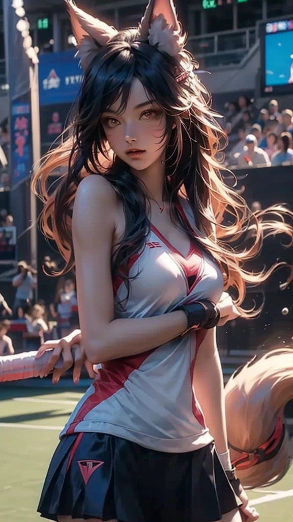 sports center,exciting game,Japanese nine-tailed fox girl,Long flowing hair,Wear sportswear,on the tennis court（play tennis）,During the game