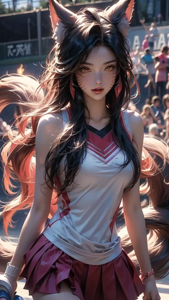 sports center,exciting game,Japanese nine-tailed fox girl,Long flowing hair,Wear sportswear,on the tennis court（play tennis）,During the game