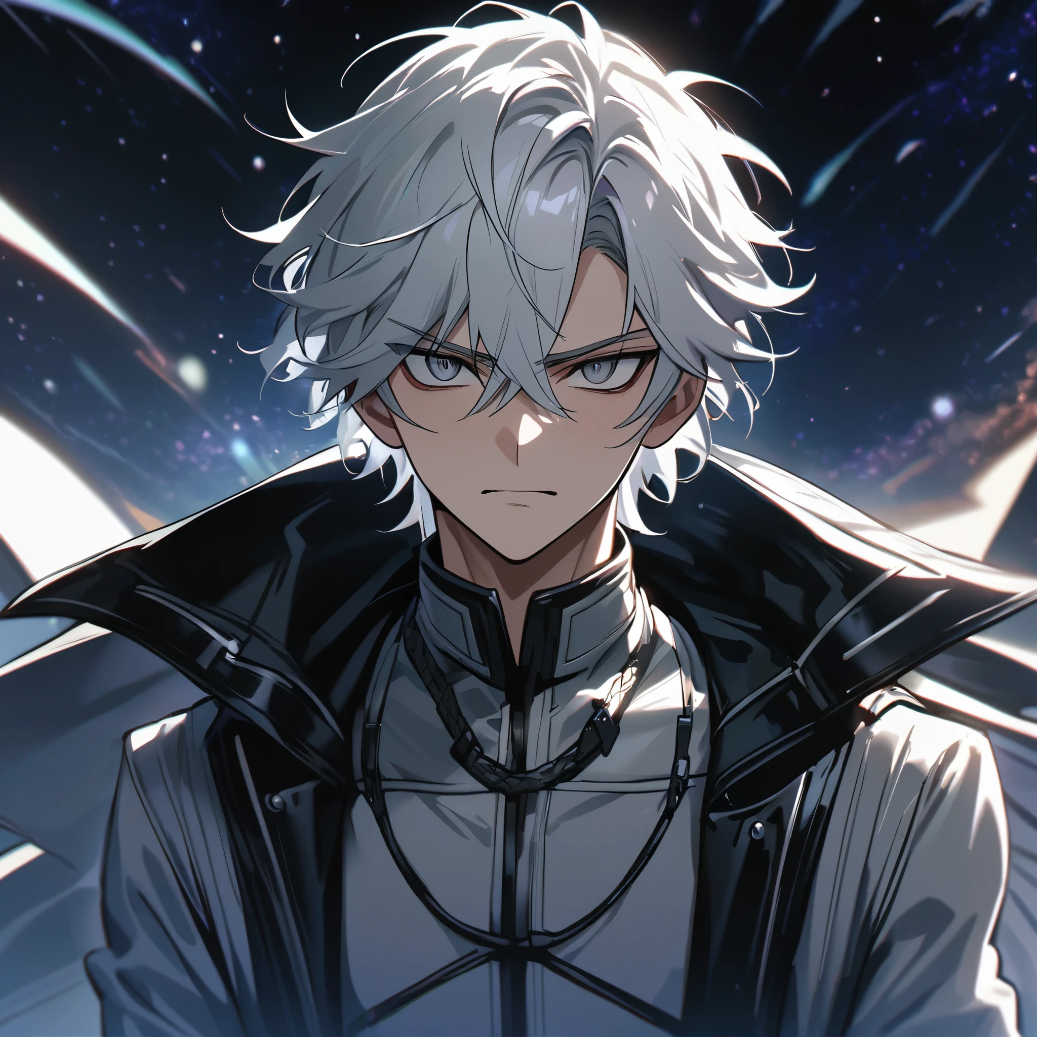 High quality, HD, 4k, no shadows, handsome male, 1male, 17 years old, teenager, short white hair, silver hair, white hair, sharp eyes, dark grey colored eyes, deep grey eyes, grey eyes, devil may cry, close up, calm expression, stoic expression, black leather clothes, white leather clothing, lean body, well trained body, upper body, looking at viewer, cowboy shot, white solar, space background