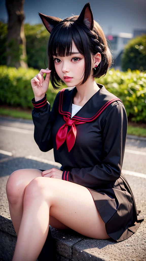 1girl,solo,animal ears,school uniform,serafuku,cat ears,red eyes,sky,skirt,sitting,black serafuku,long sleeves,night,braid,grey hair,sailor collar,from side,outdoors,black skirt,extra ears,pleated skirt,profile,earrings,shirt,night sky,closed mouth,jewelry,neckerchief,knees up,red neckerchief,looking away,blush,short hair,black shirt