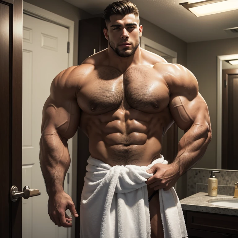 a very handsome young man, massively muscular, with massively large muscles, with massively large and muscular biceps, with massively large and muscular arms, massively muscular bodybuilder, extremely large muscular, shirtless, with a towel wrapped around his waist, in a bathroom