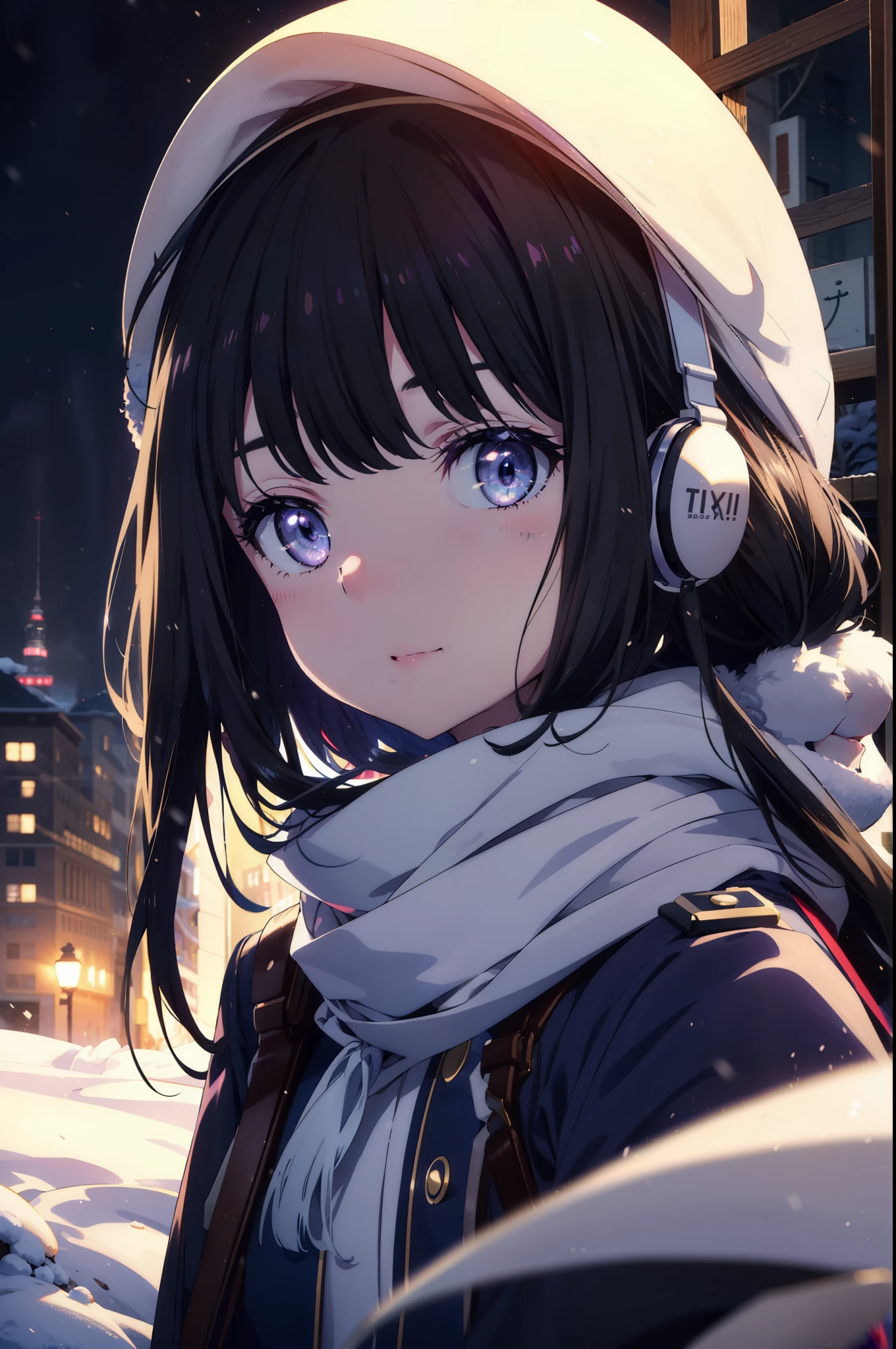 Takiuchikami,Long Hair, bangs, Black Hair, (Purple eyes:1.2),happy smile, smile, Open your mouth,White knit hat,Earmuffs,Blue oversized coat,White scarf,Put your hands in your coat pockets,Long skirt,Black pantyhose,short boots,snowが積もっている,snowが降っている,winter,Cold Sky,night,moonlight,snow,snow,snow,snow,whole bodyがイラストに入るように,Walking,
break looking at viewer, whole body,
break outdoors, city,construction area,
break (masterpiece:1.2), highest qualそれy, High resolution, unそれy 8k wallpaper, (shape:0.8), (Beautiful and beautiful eyes:1.6), Highly detailed face, Perfect lighting, Extremely detailed CG, (Perfect hands, Perfect Anatomy),