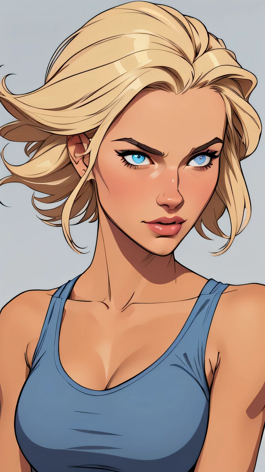 Beautiful GTa style pose in portrait mode Cartoon character in dynamic pose 
Flat colors,close-up, portrait,  of a 25 year old surfer looking girl, tan skin, ([blue eyes]) Beach blonde salty hair, natural beaty, beautiful, casual, blue tank top, masterpiece, (([Simple grey background]))
