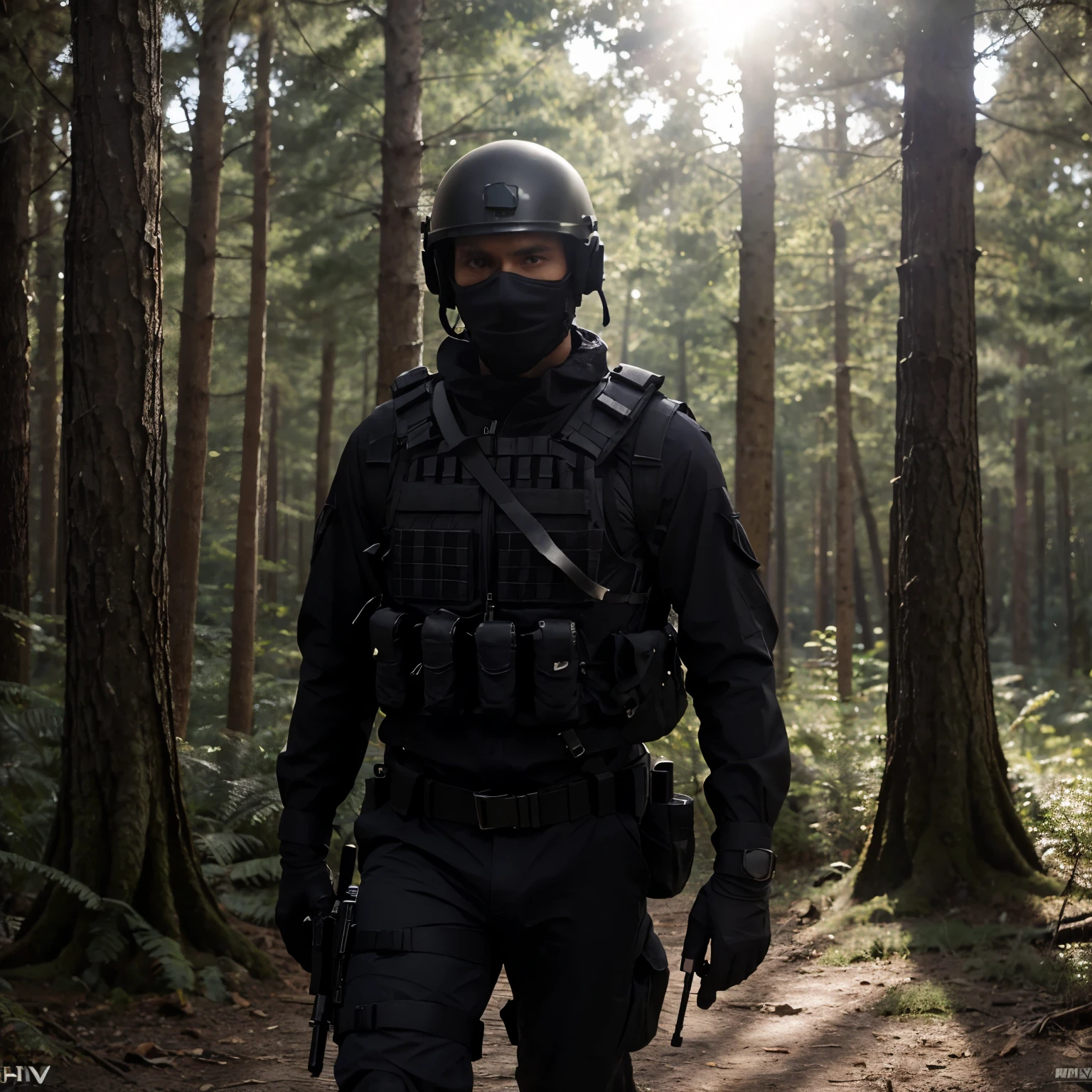 Cinematic view, man, wearing black mask, wearing tactical helmet, wearing tactical vest, holding a sniper rifle, wearing black soldier uniform, walking in the forest, (realistic:0.8), UHD, in the forest, daylight, summer, sunlight, (sharpen:0.5), (best image:1)