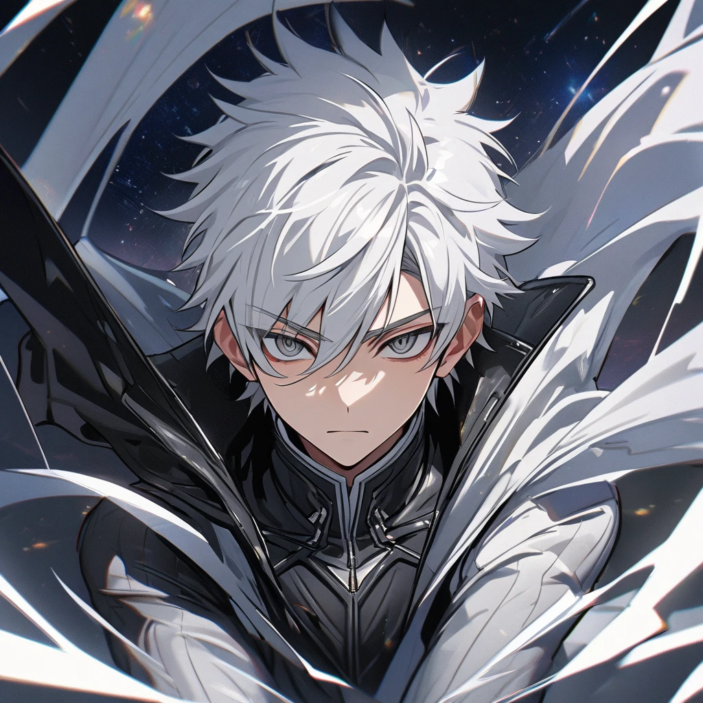 High quality, HD, 4k, no shadows, handsome male, 1male, 17 years old, teenager, short white hair, silver hair, white hair, sharp eyes, dark grey colored eyes, deep grey eyes, grey eyes, devil may cry, close up, calm expression, stoic expression, black leather clothes, white leather clothing, lean body, well trained body, upper body, looking at viewer, cowboy shot, white solar, space background