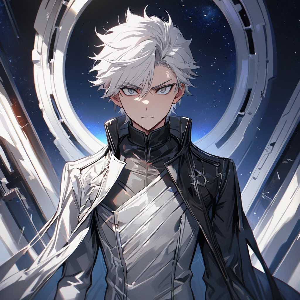 High quality, HD, 4k, no shadows, handsome male, 1male, 17 years old, teenager, short white hair, silver hair, white hair, sharp eyes, dark grey colored eyes, deep grey eyes, grey eyes, devil may cry, close up, calm expression, stoic expression, black leather clothes, white leather clothing, lean body, well trained body, upper body, looking at viewer, cowboy shot, white solar, space background