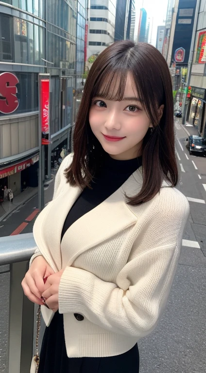 Tabletop, Highest quality, shape, Very detailed, finely, High resolution, 8k wallpaper, 完璧なダイナミックな構shape, Beautiful and detailed, Natural color lip, Random sexy poses,smile,Metropolis、20-year-old girl、Midnight、Beautiful and dense face、Perfect and beautiful face,Big eyes、Actual Photos(Best image quality),one piece(Hide your chest)Hide your chest、dress(Long sleeve)、Jacket、Shooting from above the knee(Bottom to Top)、The Roof Shibuya Sky background, ((smile)), ((Big Breasts))