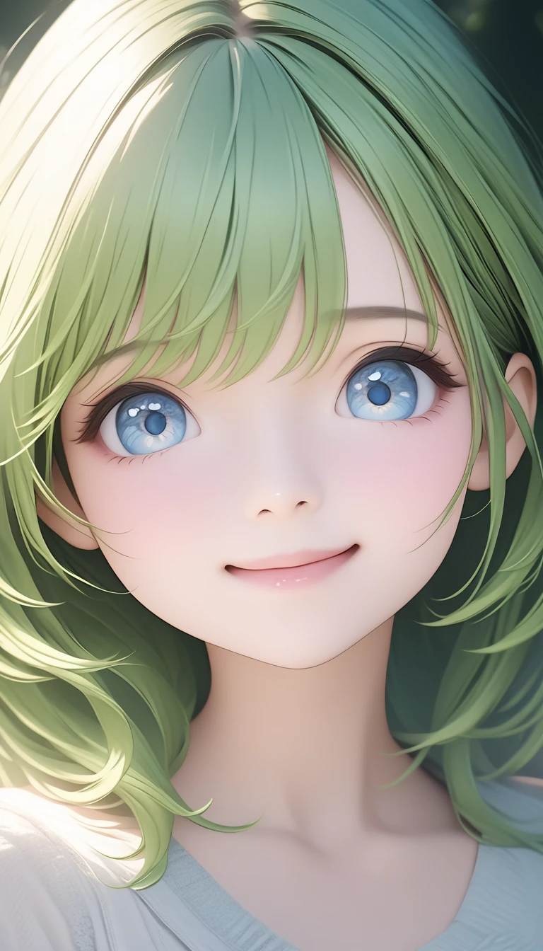 cute beautiful woman, smile, shy, light makeup, green hair, blue eyes, great proportion, background gentle color scheme, soft and fluffy calm effects, shading effects, gradation magic effects, (ultra detailed, absolutely resolution, best quality:1.3), 2.5D, delicate and dynamic, artistic photography, hyper realistic, graphic CG digital art