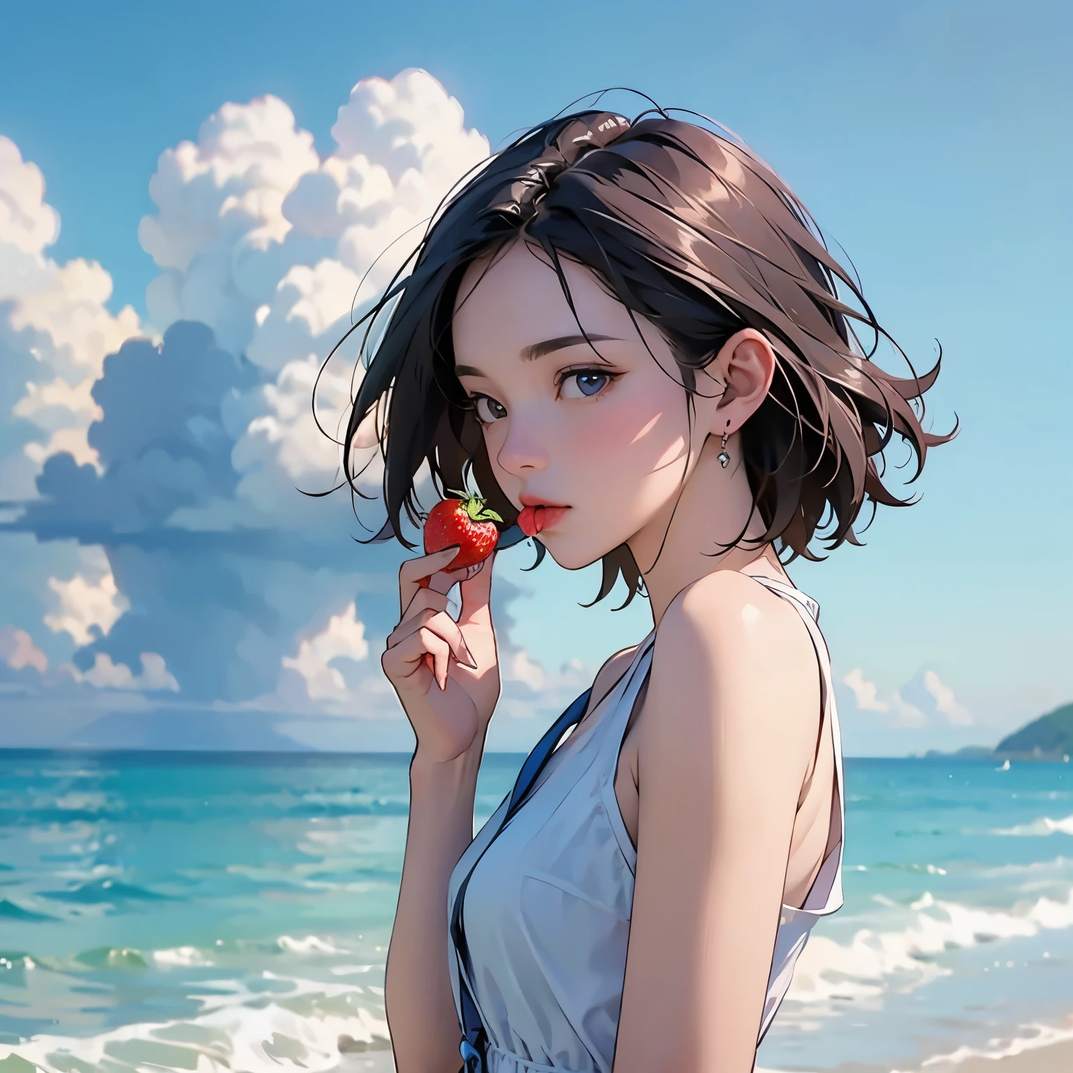Summer seaside scene photo、One girl, alone、(I bring a red strawberry to my mouth and kiss it:1.4)、17 years old、Beautiful Face、Short Hair、Blowing in the Wind、Wearing a white sleeveless mini dress、Frolic with the waves、Blue sky and white clouds、Beautiful sea、Photorealism、Detailed Description、Artistic photography、(Highest quality, masterpiece, High resolution)、4K、wallpaper、