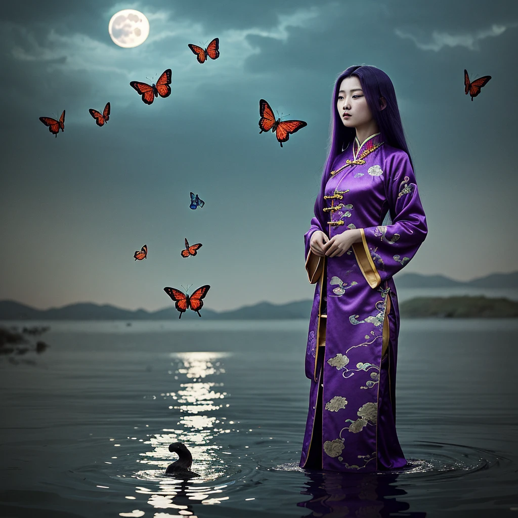 Create a mystical scene featuring a girl with long purple hair, dressed in traditional Chinese clothing, standing on water under a full moon. She gazes directly at the viewer, with butterflies dancing around her. Use a sfumato technique reminiscent of Da Vinci, emphasizing ethereal lighting and rich colors to evoke a dreamlike atmosphere