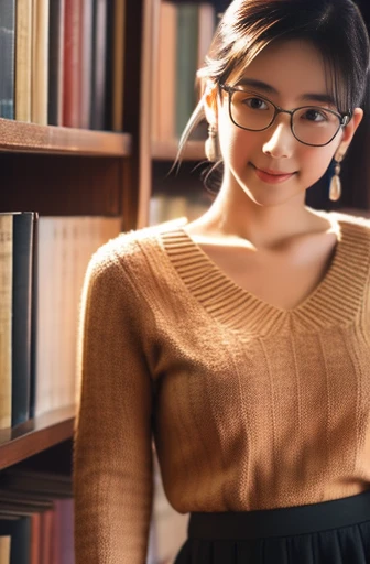 (8k, RAW photo, best quality, masterpiece), (photo realistic), outstanding details, ultra-high resolution, anatomically correct, textured skin, (Extremely precise and accurate anatomy),
Ultra Detailed Face, Detailed Eyes,
A cute 35 year old Japanese girl, (Carrying a few books in the library),
(looking at viewer:1.4),
(light smile:0.1), (Mouth slightly open:0.1),
(chignon:1.4), low chignon, (Small cute nose:1.2) , (small cute mouth:1.2),
(Ultra Detailed Rimless small glasses), pupils sparkling, thin lips, thin eyebrows,
dark brown hair, Forehead,
Earrings,
(white simple summer sweater),
Necklace, ID tag,
(simple cotton flared skirt , Light brown and long length skirt),
(background Spacious library interior, many bookshelves),
(backlighting),
reflection light from below,
atmospheric perspective, depth of field,
(dramatic lighting), cinematic lighting,