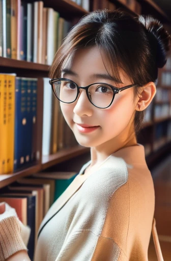 (8k, RAW photo, best quality, masterpiece), (photo realistic), outstanding details, ultra-high resolution, anatomically correct, textured skin, (Extremely precise and accurate anatomy),
Ultra Detailed Face, Detailed Eyes,
A cute 35 year old Japanese girl, (Carrying a few books in the library),
(looking at viewer:1.4),
(light smile:0.1), (Mouth slightly open:0.1),
(chignon:1.4), low chignon, (Small cute nose:1.2) , (small cute mouth:1.2),
(Ultra Detailed Rimless small glasses), pupils sparkling, thin lips, thin eyebrows,
dark brown hair, Forehead,
Earrings,
(white simple summer sweater),
Necklace, ID tag,
(simple cotton flared skirt , Light brown and long length skirt),
(background Spacious library interior, many bookshelves),
(backlighting),
reflection light from below,
atmospheric perspective, depth of field,
(dramatic lighting), cinematic lighting,