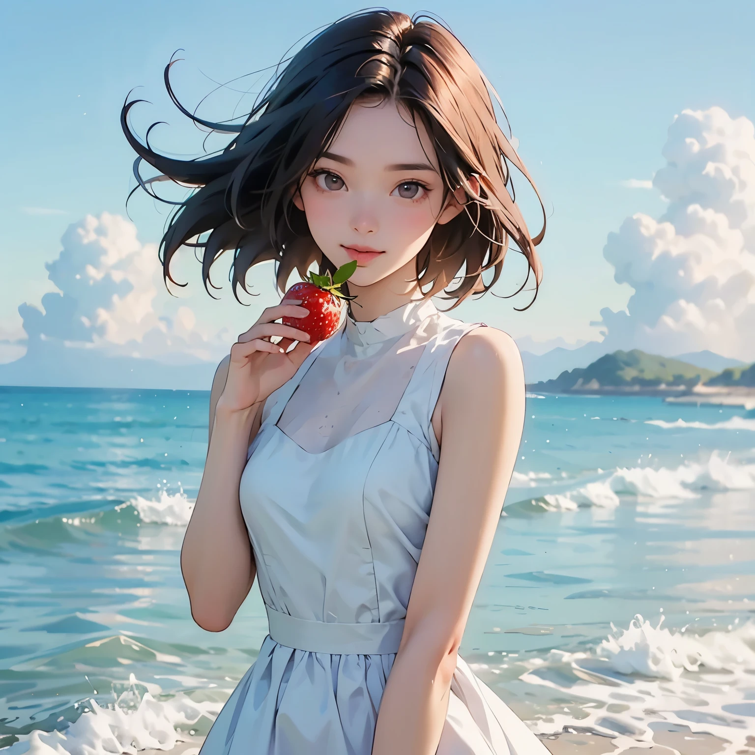 Summer seaside scene photo、One girl, alone、(I bring a red strawberry to my mouth and kiss it:1.4)、17 years old、Beautiful Face、Short Hair、Blowing in the Wind、Wearing a white sleeveless mini dress、Frolic with the waves、Blue sky and white clouds、Beautiful sea、Photorealism、Detailed Description、Artistic photography、(Highest quality, masterpiece, High resolution)、4K、wallpaper、