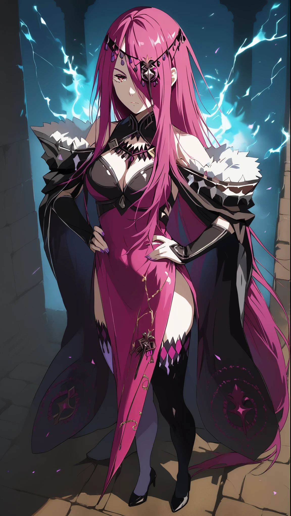 (harayutaka art style:0.7), score_9, score_8_up, score_7_up, score_6_up, uncensored, sekhmet, magenta hair, magenta eyes, magenta lips, messy hair, very long hair, pale skin, BREAK (masterpiece:1.2), best quality, high resolution, unity 8k wallpaper, (illustration:0.8), (detailed eyes:1.3), perfect lighting, extremely detailed CG, (perfect hands, perfect anatomy), BREAK  1girl, weapon, sword, breasts,, solo, thighhighs, gloves, asymmetrical legwear, high heels, mismatched legwear, hand on own hip, aura, looking at viewer, full body, armor, dress, cleavage, standing, black gloves, black thighhighs, closed mouth, shrug \(clothing\), tassel, japanese armor, blue fire, kusazuri, japanese clothes, black footwear, white thighhighs, electricity, from above, bored expression, in abandoned temple, 