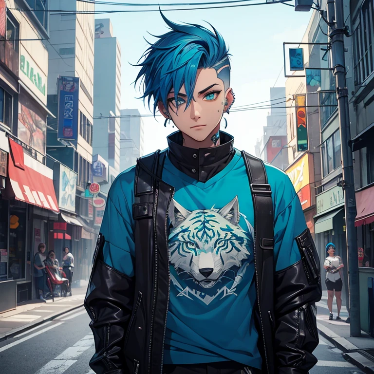 Young man, Blue cyberpunk hair in a wolf cut, green eyes, handsome, piercings, street style clothes, blue tiger shirt