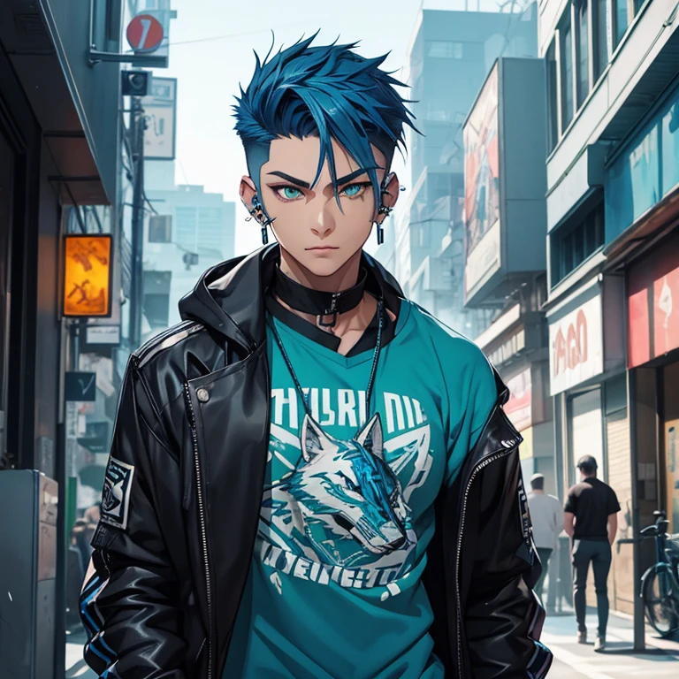 Young man, Blue cyberpunk hair in a wolf cut, green eyes, handsome, piercings, street style clothes, blue tiger shirt