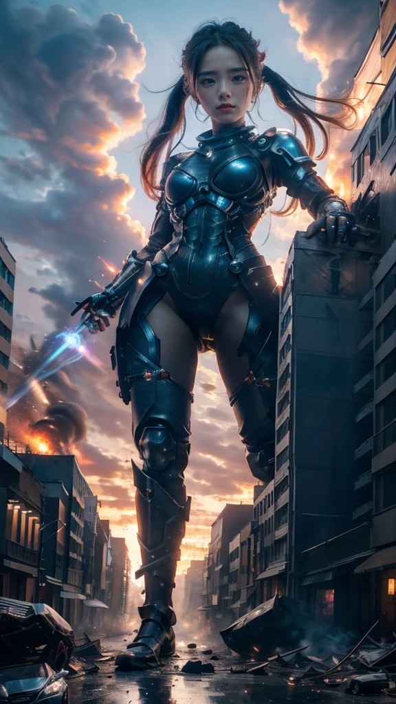 (giant girl elements, high resolution, high resolution, high quality, accurate body structure, detailed body), sexy, battle suit, towering giant girl, looking up at approaching woman from below, giant attacks city, cute, girl destroying small town, destroying small town, mischievous expression, Japanese, white skin, smiling, trampling buildings, rubble, burning small town, destroyed small building, collapsed highway, car being crushed, evacuation of residents, sunset, burning small town, please, walk, trampling, anatomically correct, accurate human body, accurate skeleton, full body portrait, blue eyes, rubble scattered at feet, taller than skyscrapers, big impact, amazing, giant girl elements, draw women big, increase destructive elements, make city smaller, rampaging, city, building, monster, light beam from girl's hand, magic, shock wave from girl's hand, Godzilla, war,