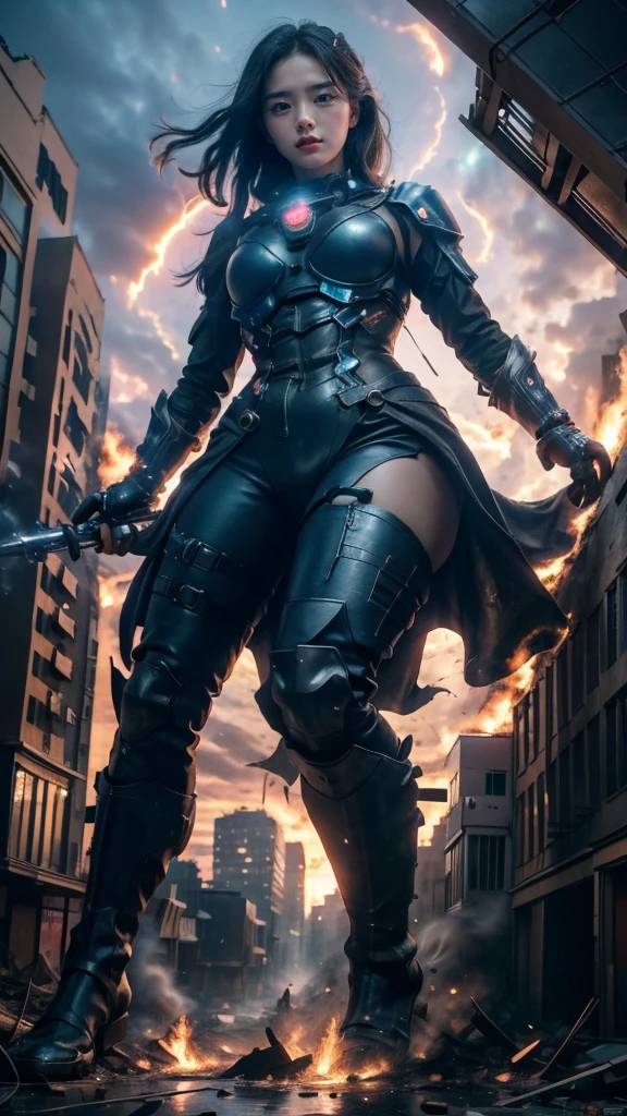 (giant girl elements, high resolution, high resolution, high quality, accurate body structure, detailed body), sexy, battle suit, towering giant girl, looking up at approaching woman from below, giant attacks city, cute, girl destroying small town, destroying small town, mischievous expression, Japanese, white skin, smiling, trampling buildings, rubble, burning small town, destroyed small building, collapsed highway, car being crushed, evacuation of residents, sunset, burning small town, please, walk, trampling, anatomically correct, accurate human body, accurate skeleton, full body portrait, blue eyes, rubble scattered at feet, taller than skyscrapers, big impact, amazing, giant girl elements, draw women big, increase destructive elements, make city smaller, rampaging, city, building, monster, light beam from girl's hand, magic, shock wave from girl's hand, Godzilla, war,